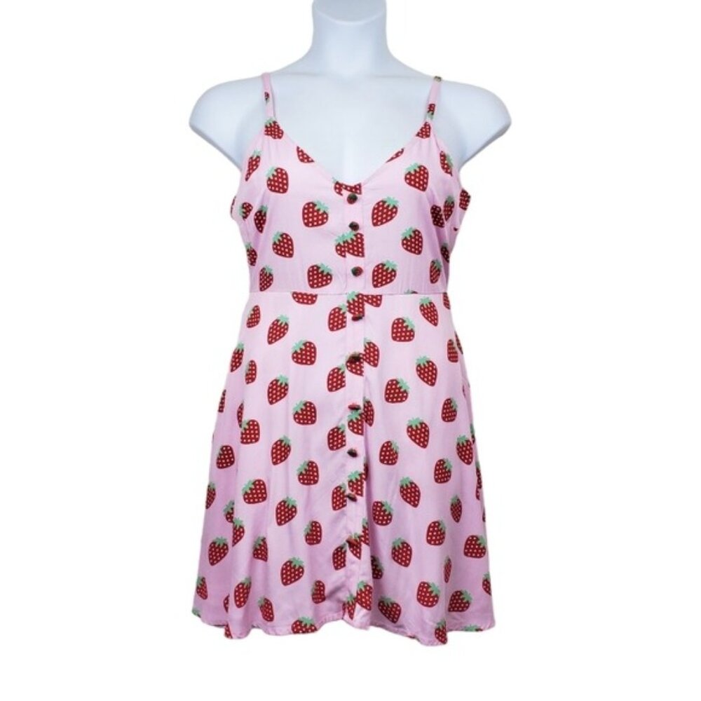 Hot Topic Womens Pink Red Strawberry Print Button Front Mini Dress Size S NWT